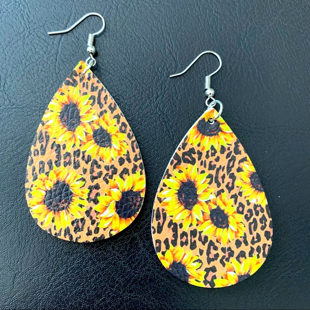 Tear Drop Sunflower Leopard Dangle Fashion Earrings